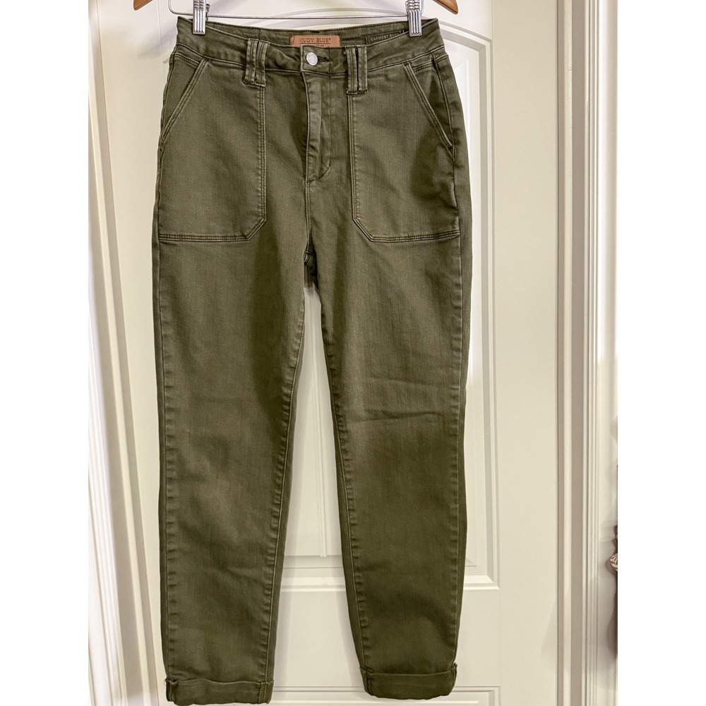 Judy Blue 5/27 Olive Green High Rise Utility Slim Cuffed Stretch Jeans Military